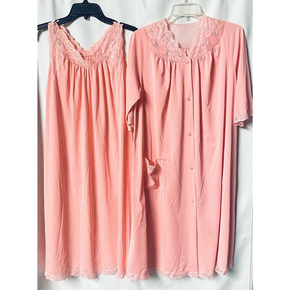 Vintage Shadowline Two Piece Gown and Button Up Robe Set Lace & Embroidery Small - Picture 1 of 14